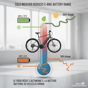 A technical graphic explaining urban ebike battery efficiency and range expectations during Canadian winter temperatures.