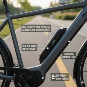 Technical diagram of a high-capacity lithium-ion battery for a Canadian step-through electric bike, labeled in English and French (Velo electrique).