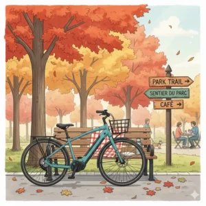 A colorful illustration of a comfortable step-through ebike parked near a park bench with maple trees in autumn.