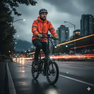 An illustration of a Canadian rider in high-visibility gear and a helmet, focusing on folding ebike safety features like integrated lights.