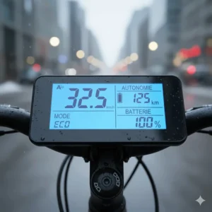 Close-up of an ebike LCD screen showing metrics in English and French, a key feature in Canadian city commuter ebike reviews.