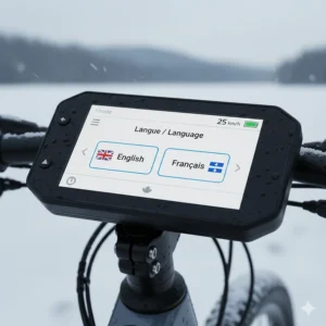 Close-up of a hybrid e-bike digital display showing bilingual settings in English and French for Canadian riders.