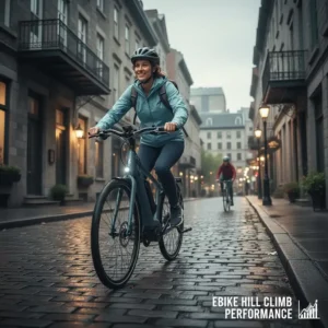 A rider effortlessly pedaling up a steep Montreal-style incline, demonstrating motor power for city commuter ebike reviews.