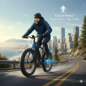 Illustration demonstrating a powerful ebike motor assisting a rider up a steep hill in a coastal Canadian city.