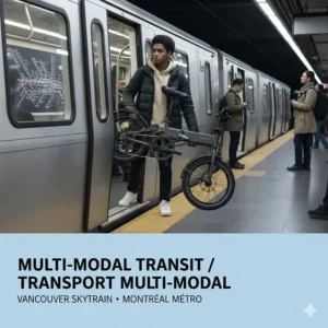 A commuter carrying an ultra compact folding ebike onto a Montreal STM metro car or Vancouver SkyTrain, representing multi-modal transit.