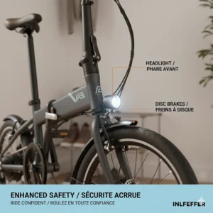 Close-up of ebike safety features including lights and brakes, labeled in English and French (vélo électrique pliant) for the Canadian market.