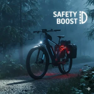 Illustration showcasing integrated LED safety lighting on an electric hybrid bike for early morning trekking in Canada.