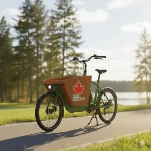 Green energy illustration of a cargo electric bike in Canada, highlighting zero-emission transportation and environmental sustainability.