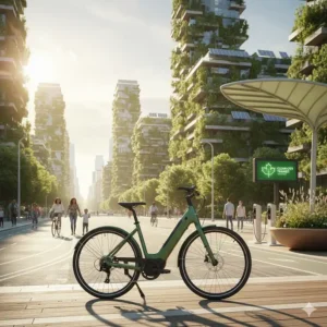 A green-themed illustration showing a city electric bike as a sustainable transportation choice for Canadians.