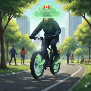 A green-themed illustration of an electric bike reducing carbon emissions in a Canadian urban park.