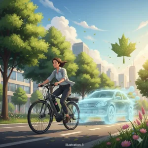 Conceptual art showing a commuter ebike replacing a car to reduce carbon footprints in Canadian provinces.