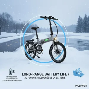 Graphic showing the long-range battery life of an ultra compact folding ebike, optimized for cold-weather performance in Canadian cities.