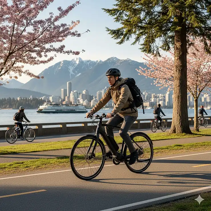 A high-tech electric bike for Canada 2026 riders, featuring an integrated battery and mid-drive motor on a scenic Vancouver cycling path with the North Shore mountains in the background. electric bike canada 2026