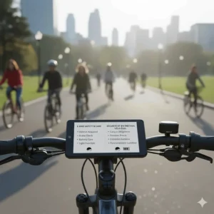 A bilingual English and French checklist for e-bike safety in Canada, featuring helmet requirements (casque obligatoire) and battery care tips.