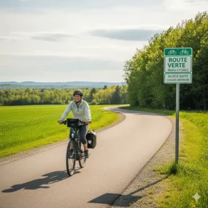 Illustration of a cyclist on an electric hybrid bike passing a bilingual Route Verte sign in rural Quebec.