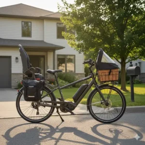 A long-tail electric cargo bike designed for Canadian families, showing a 150kg payload capacity with two child seats and weather protection.