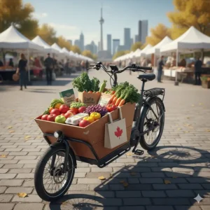 Illustration of an electric cargo bike loaded with groceries, representing an eco-friendly car alternative for Canadian shoppers.