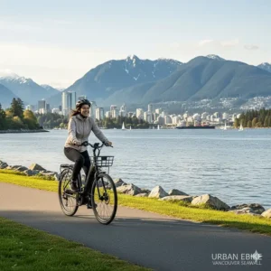 A cyclist enjoying an urban ebike ride along the Stanley Park seawall with Vancouver’s North Shore mountains in the background.