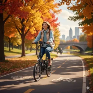A cyclist using a folding ebike commuter on a Montreal "Route Verte" cycling path during a clear autumn day.