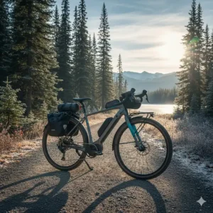 An electric gravel bike equipped with a lightweight motor and adventure racks, illustrated on a section of the Trans Canada Trail.
