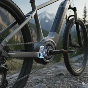 Close-up technical illustration of a high-torque mid-drive motor suitable for steep Canadian trekking grades.