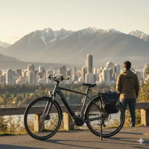 An illustration of an electric hybrid bike for trekking and commuting with the Vancouver skyline and North Shore mountains.