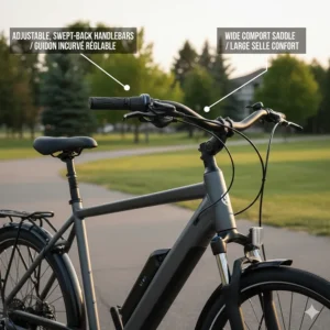 Close-up illustration of adjustable swept-back handlebars and a wide comfort saddle on a Canadian step-through e-bike model.