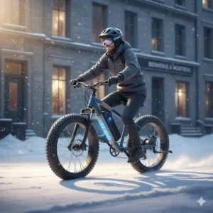 Illustration of an all-terrain electric bike with wide fat tires and a thermal-wrapped battery navigating a snowy Montreal street during a Canadian winter.