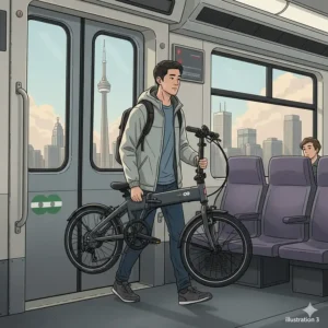 Illustration of a compact commuter ebike being folded for use on Canadian public transit like the GO Train or REM.