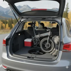 Illustration of an ultra compact folding ebike fitting easily into the trunk of a hatchback, ideal for road trips in the Rockies or Muskoka.