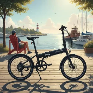 A lifestyle illustration of a folding electric bike parked at the Halifax waterfront, emphasizing its portability for coastal commuters.