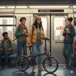 Illustration of a commuter easily carrying a folded electric bike onto a TTC subway car in Toronto.