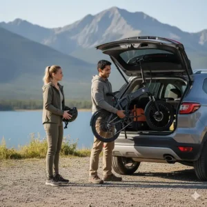 The LCD handlebar display of a folding ebike showing bilingual settings for English and French speaking Canadian riders.