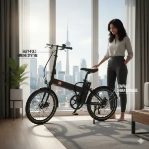 A commuter easily carrying a compact folding electric bike onto a Montreal Metro train for a multimodal commute.