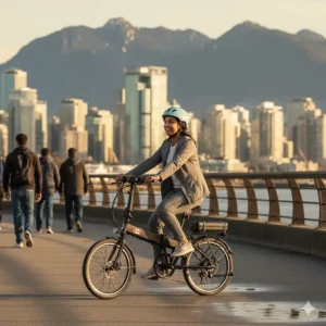 A folding ebike under $1500 folded neatly in the corner of a modern Toronto condo to save space.