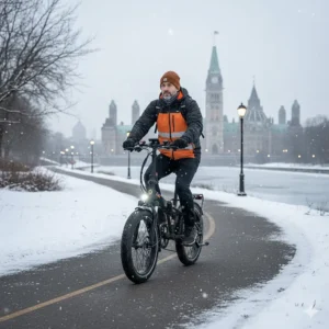 Illustration of an ebike with fenders and fat tires navigating a light snowy path in Ottawa, highlighting winter commuter durability.