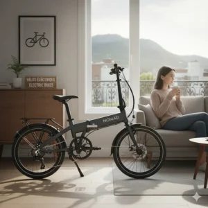 A compact folding e-bike stored in a modern Montreal apartment, representing versatile electric bike brands in Canada (vélos électriques Canada).