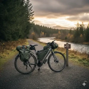 A loaded hybrid ebike equipped with bags for a gravel bikepacking trip through the Trans Canada Trail.
