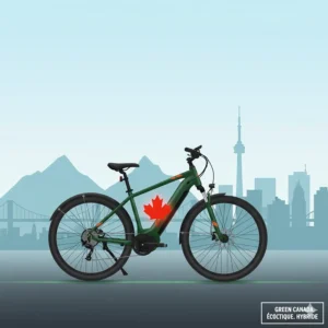 Minimalist graphic of a hybrid electric bike with a maple leaf icon, representing sustainable transportation across Canada.