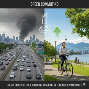 A conceptual illustration of an urban ebike replacing a car to reduce carbon emissions in major Canadian metropolitan areas.