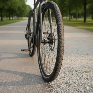 Detailed shot of multi-surface tires on a hybrid ebike, optimized for both smooth asphalt and loose gravel.