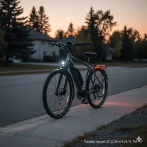 Integrated LED lighting on a hybrid road gravel ebike for safe evening riding on Canadian suburban roads.