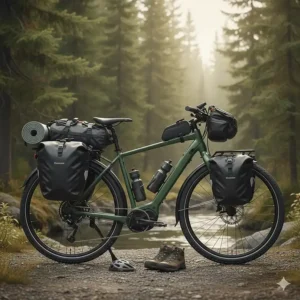 Detailed diagram of an electric hybrid bike equipped with waterproof panniers and racks for multi-day trekking trips.