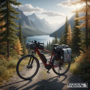A hybrid electric bike outfitted with rear racks and panniers for long-distance bike touring on the Trans Canada Trail.