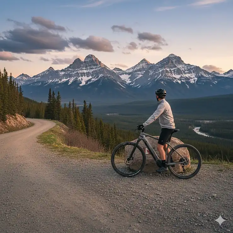 A versatile hybrid ebike for road and gravel trails with a cyclist overlooking the Canadian Rockies in Alberta.