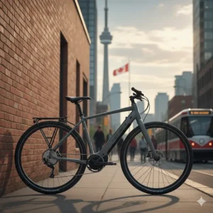 A hybrid electric bike leaning against a brick wall in Toronto, perfect for road commuting and gravel detours.