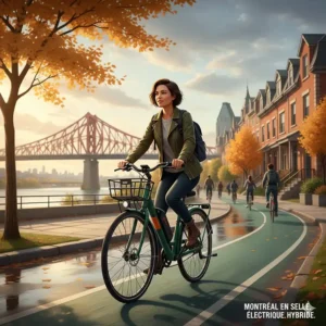 A cyclist using a hybrid electric bike on a dedicated bike lane in Montreal, showcasing urban mobility in Canada.