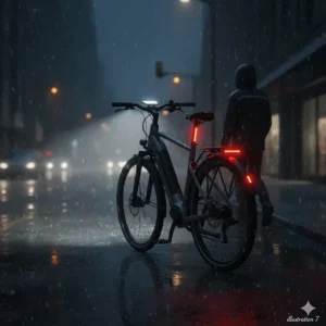 Detailed view of integrated LED safety lighting on a commuter ebike for visibility during dark Canadian winters.