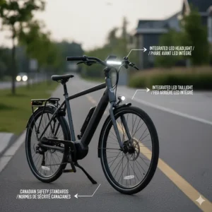 Detail view of integrated LED headlamps and tail lights on a step-through e-bike, meeting Canadian safety standards for night riding.