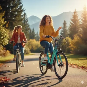 Two friends enjoying a recreational ride on low-step ebikes along a paved Canadian multi-use trail.